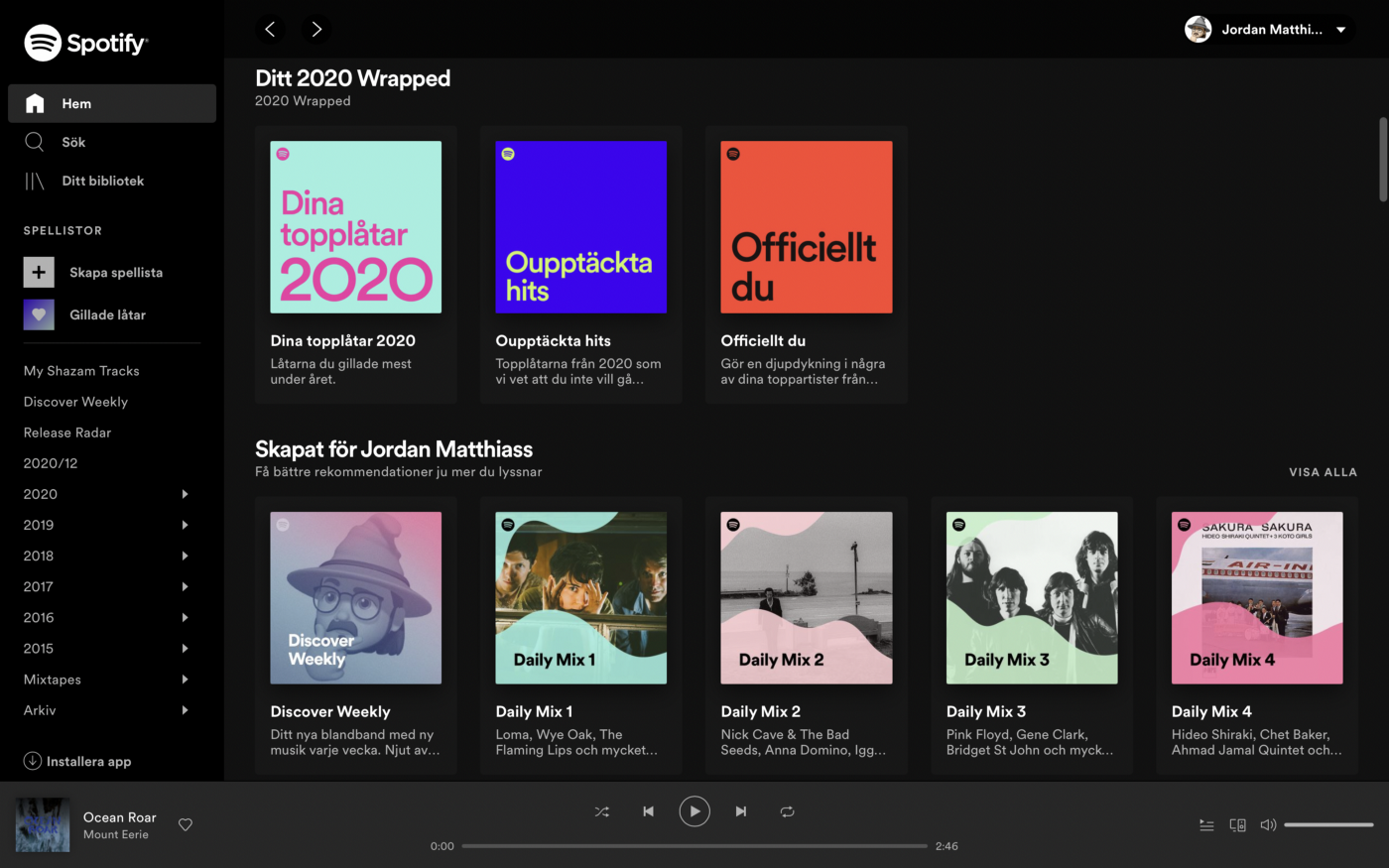 Spotify user interface with algorithmic music recommendations